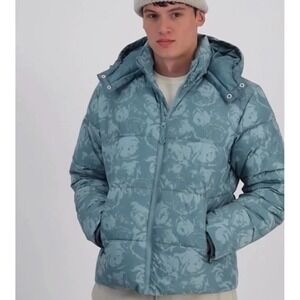 Mode of One Men's Puffer Jacket Coat L Seedling Green‎ Floral Hood